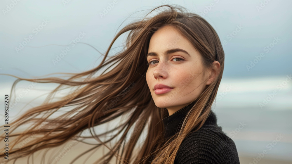 young woman with long, sleek brown hair enjoying a breezy day by the beach young woman with long, sleek brown hair enjoying a breezy day by the beach