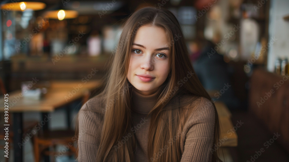young woman with long, straight brown hair sitting in a cozy café young woman with long, straight brown hair sitting in a cozy café