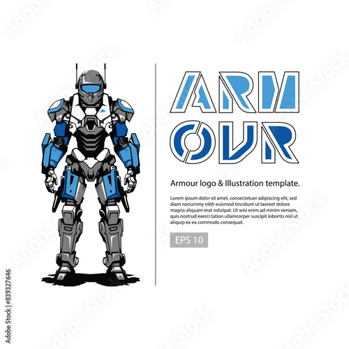 Armour illustration with a mecha futuristic designed armor and colored with blue, white, and gray color.