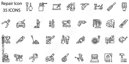 Repair icon set. Containing fix, home and car repair, maintenance, toolbox and repairman service icons. Solid icon collection. Vector illustration.
