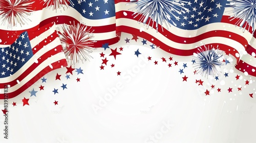 Happy 4th of July, a illustration with fireworks and an American flag banner on a white background