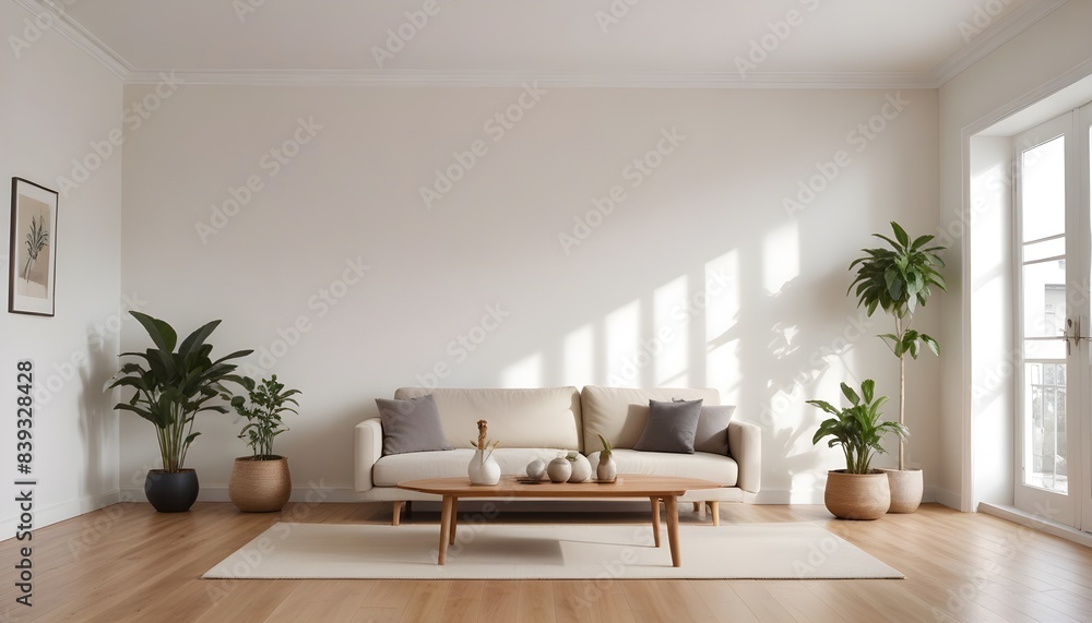 Fototapeta premium The frame mockup and living room wall mockup are bright tones with a leather sofa and armchair. 3D render
