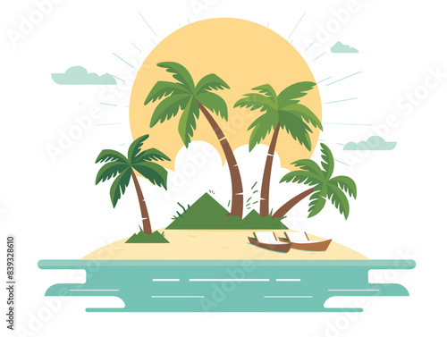 Tropical island cartoon graphic showing palm trees, boat, sun. Flat design illustration paradise island, summer, vacation concept. Serene beach landscape, travel, tourism background