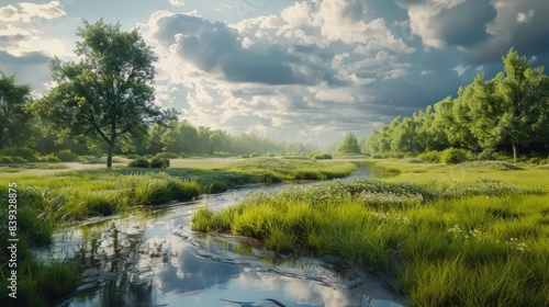 A peaceful natural scene showing a stream in a grassy field under a cloudy sky with trees and water mirroring the surroundings