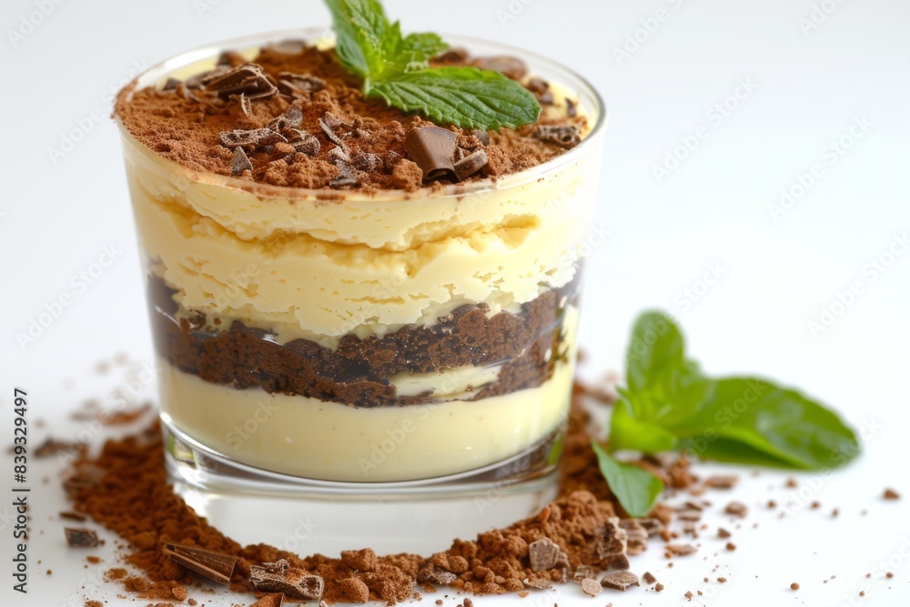 Tiramisu parfait with cocoa powder and mint in a glass Tiramisu parfait with cocoa powder and mint in a glass