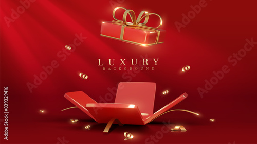 Elegant red background featuring an open gift box with golden ribbons and a floating present, perfect for festive celebrations. Vector Illustrations.