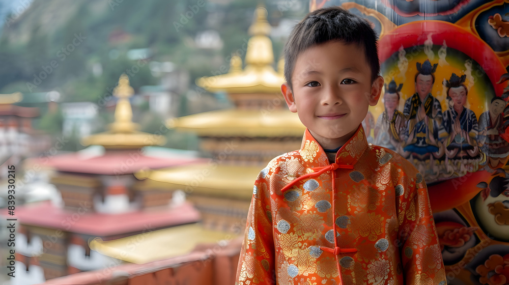 Portrait of a young boy in traditional Bhutanese dress, standing proudly in front of a vibrant prayer wheel, with a distant monastery in the background Portrait of a young boy in traditional Bhutanese dress, standing proudly in front of a vibrant prayer wheel, with a distant monastery in the background