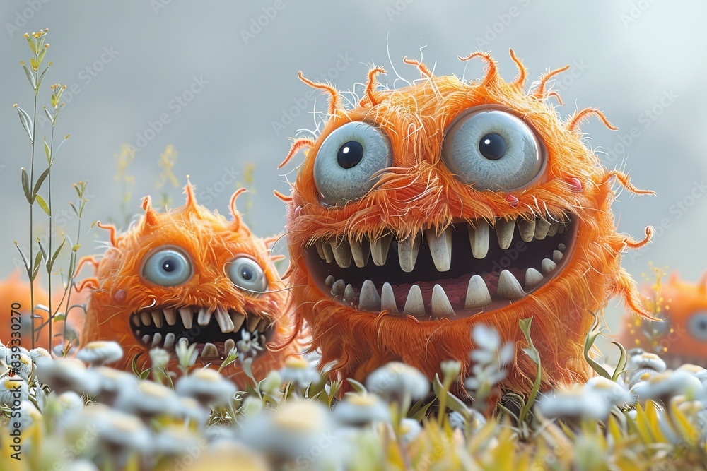 Vivid image of orange, fuzzy creatures with wild eyes in a fantastical landscape with flowers Vivid image of orange, fuzzy creatures with wild eyes in a fantastical landscape with flowers