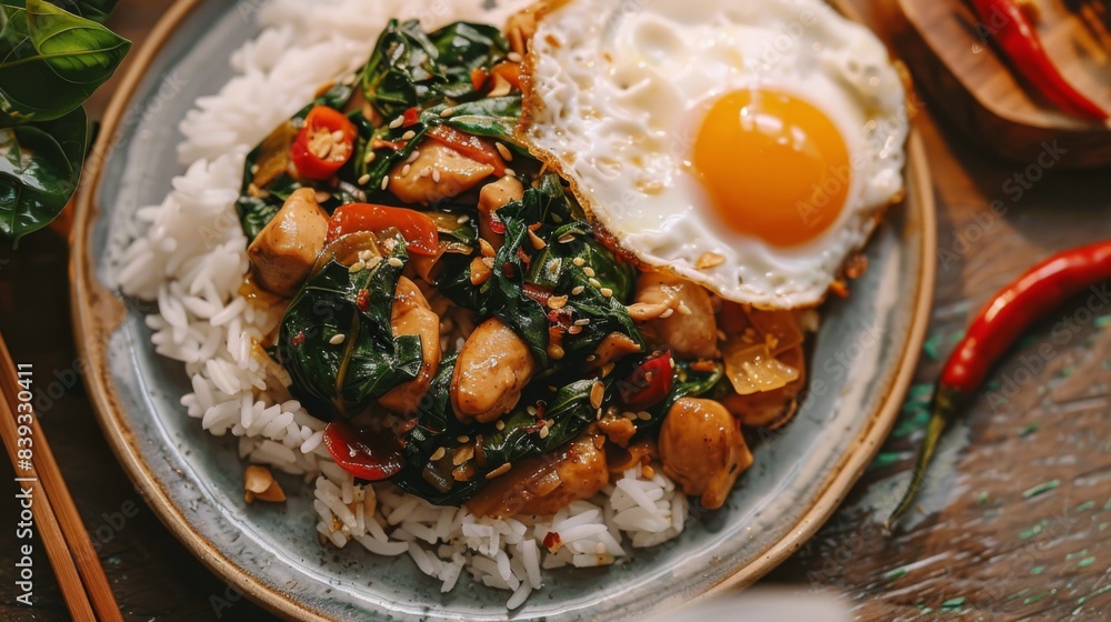 A plate of spicy Thai basil chicken stir-fry, or pad kra pao, served with jasmine rice and a fried egg on top A plate of spicy Thai basil chicken stir-fry, or pad kra pao, served with jasmine rice and a fried egg on top