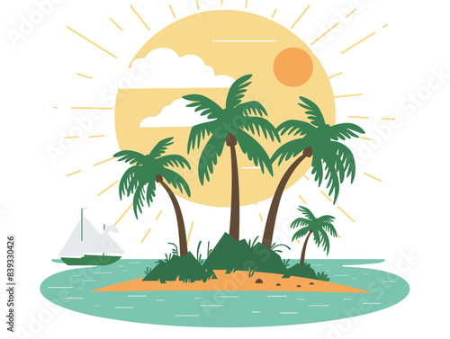 Tropical island palm trees under large sun, sailboat floating calm sea, serene vacation spot. Flat design, minimalist style, ocean getaway, sunlit tropical escape. Vibrant colors, tranquil beach