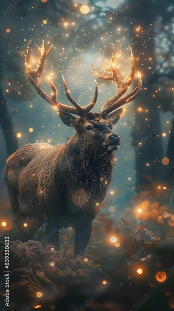 Mystical deer with glowing antlers in an enchanted forest, surrounded by magical lights. Perfect for fantasy and nature-themed designs. Mystical deer with glowing antlers in an enchanted forest, surrounded by magical lights. Perfect for fantasy and nature-themed designs.