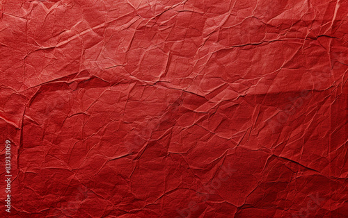 Crumpled red paper texture background, showcasing detailed creases and folds for use in designs, presentations, and creative projects. photo