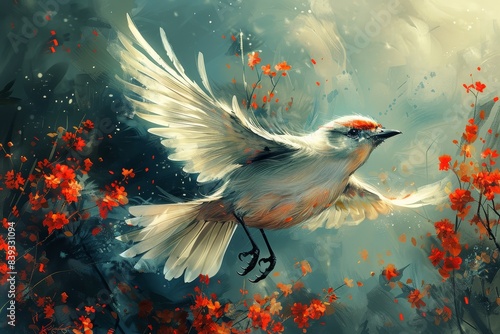 Artistic depiction of a bird in flight among red flowers against a soft, bluish background