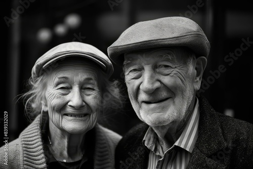 Black and white portrait of a smiling elderly man and woman enjoying each other's company