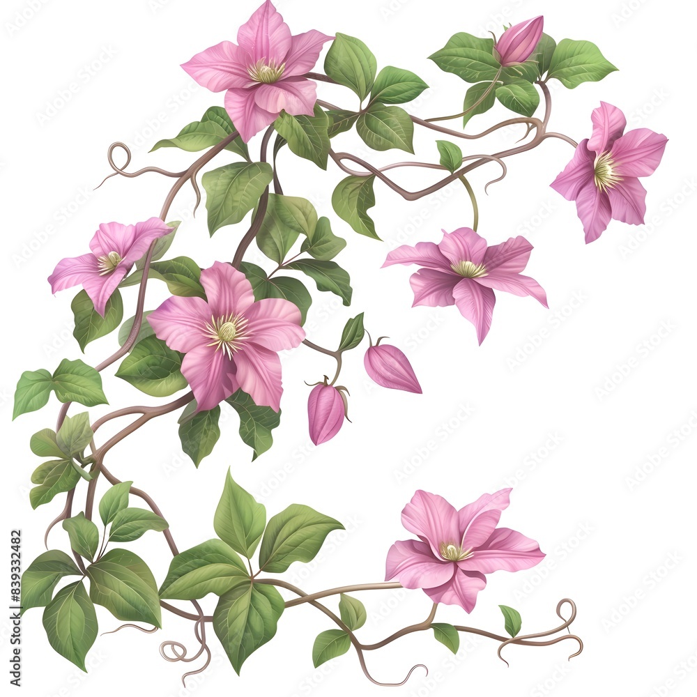 Vibrant Pink Clematis Vine with Twisting Tendrils Blooming in Lush Botanical Garden Vibrant Pink Clematis Vine with Twisting Tendrils Blooming in Lush Botanical Garden