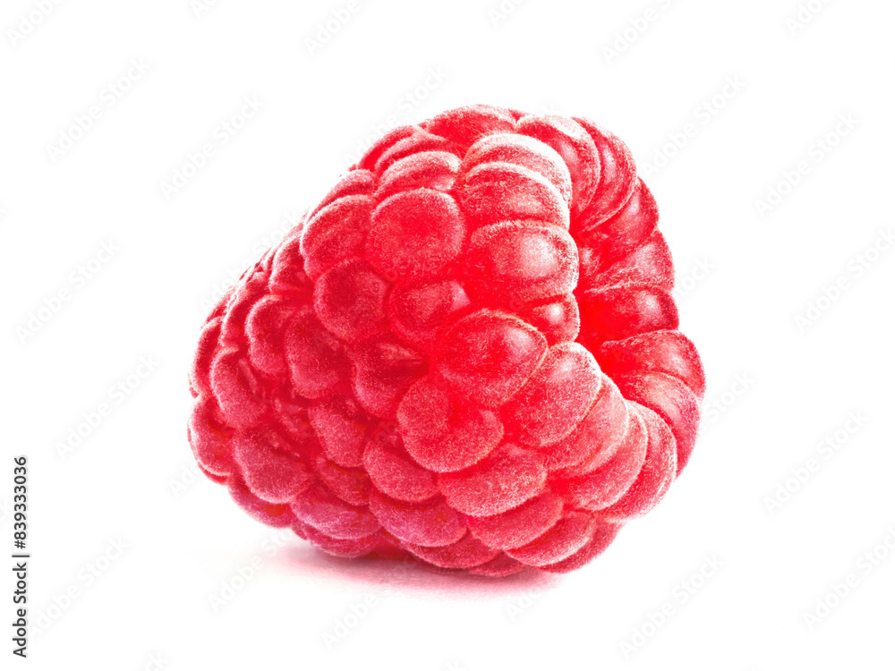 One perfect ripe red raspberry closeup, isolated over white One perfect ripe red raspberry closeup, isolated over white