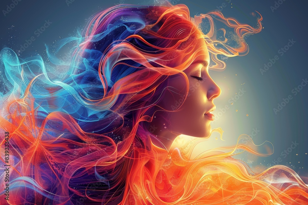 Abstract digital illustration of a woman's flowing hair in vibrant blue and orange hues with light particles Abstract digital illustration of a woman's flowing hair in vibrant blue and orange hues with light particles