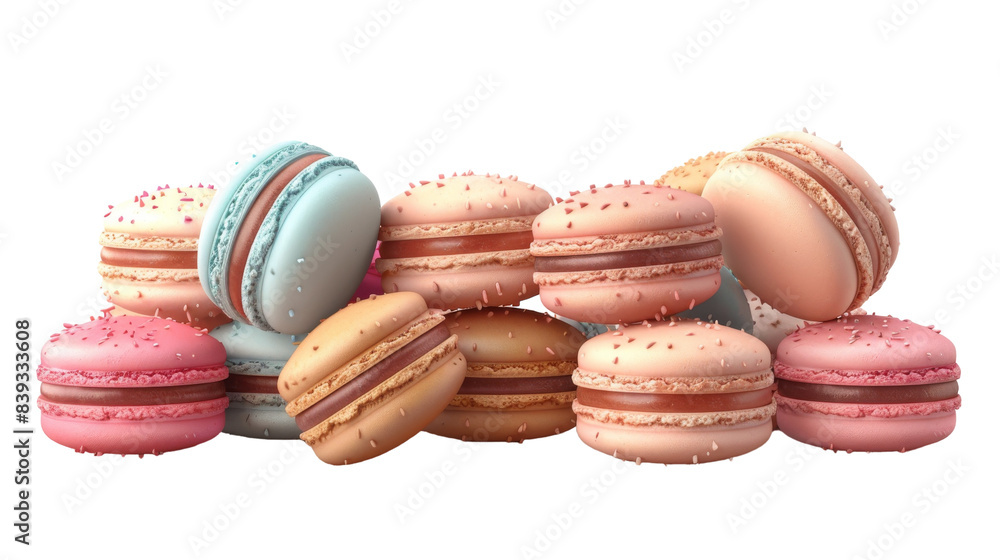A pile of colorful macarons with sprinkles isolated on a white background A pile of colorful macarons with sprinkles isolated on a white background