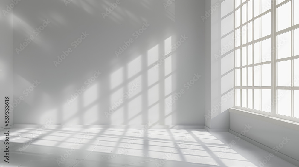 Bright, sunlit empty white room with large grid windows casting shadows. Minimalist interior design featuring clean lines and abundant natural light. Bright, sunlit empty white room with large grid windows casting shadows. Minimalist interior design featuring clean lines and abundant natural light.