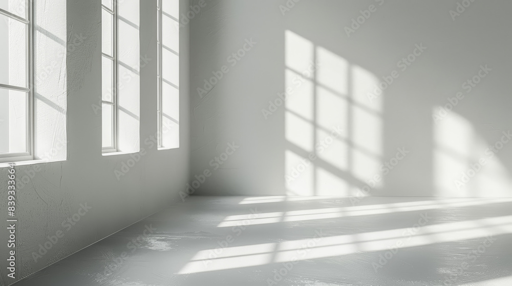 Bright and minimalist empty room with large windows casting natural light and shadows on white walls and floor, creating a serene and clean ambiance. Bright and minimalist empty room with large windows casting natural light and shadows on white walls and floor, creating a serene and clean ambiance.