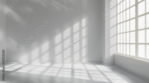 Bright  sunlit empty white room with large grid windows casting shadows. Minimalist interior design featuring clean lines and abundant natural light.