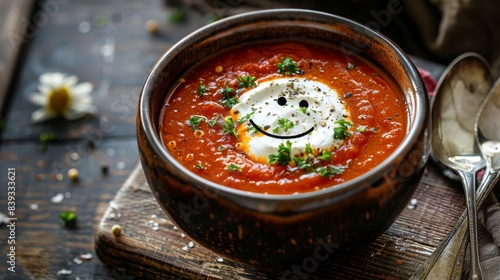 Tomato soup with a cream smiley in the middle , food photography, 16:9 © Christian