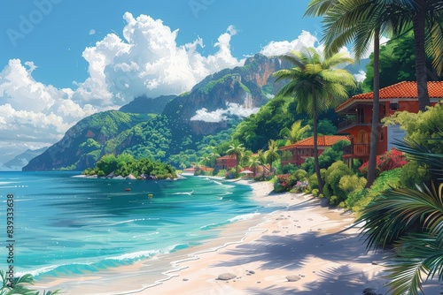 A stunning digital artwork of a luxurious tropical resort with beachfront villas and lush greenery