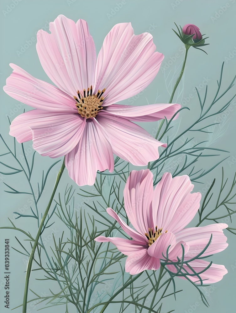 Delicate Cosmos Flower with Feathery Foliage in Vibrant Digital Delicate Cosmos Flower with Feathery Foliage in Vibrant Digital