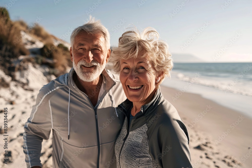 Active Senior Couple Jogging on Beach - Healthy Lifestyle Concept with Smiling Elderly Man and Woman in Sportswear Looking at Camera Active Senior Couple Jogging on Beach - Healthy Lifestyle Concept with Smiling Elderly Man and Woman in Sportswear Looking at Camera