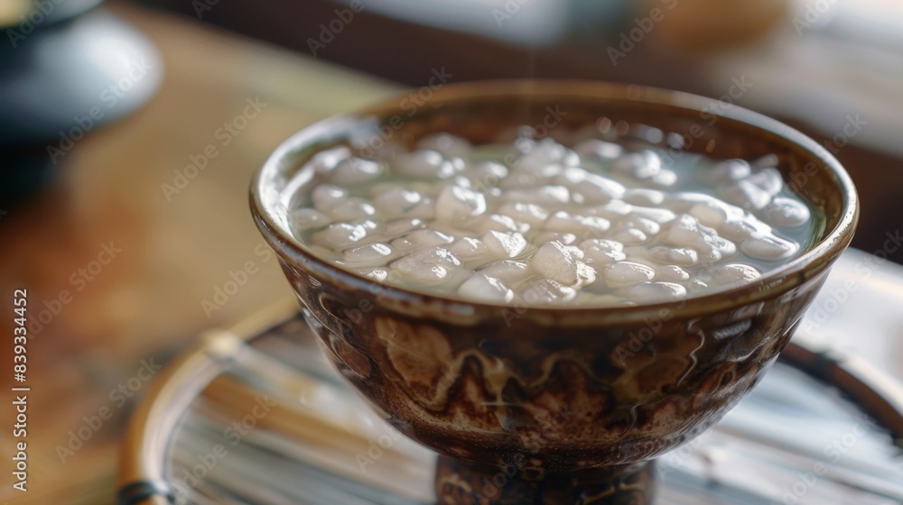 A refreshing bowl of Vietnamese che, a sweet dessert soup made with beans, coconut milk, and tapioca pearls, served chilled A refreshing bowl of Vietnamese che, a sweet dessert soup made with beans, coconut milk, and tapioca pearls, served chilled