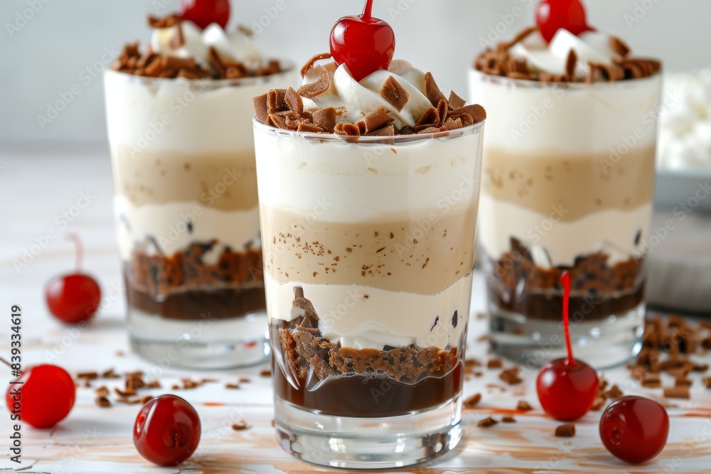 Cherry parfaits with whipped cream and chocolate shavings in a glass Cherry parfaits with whipped cream and chocolate shavings in a glass