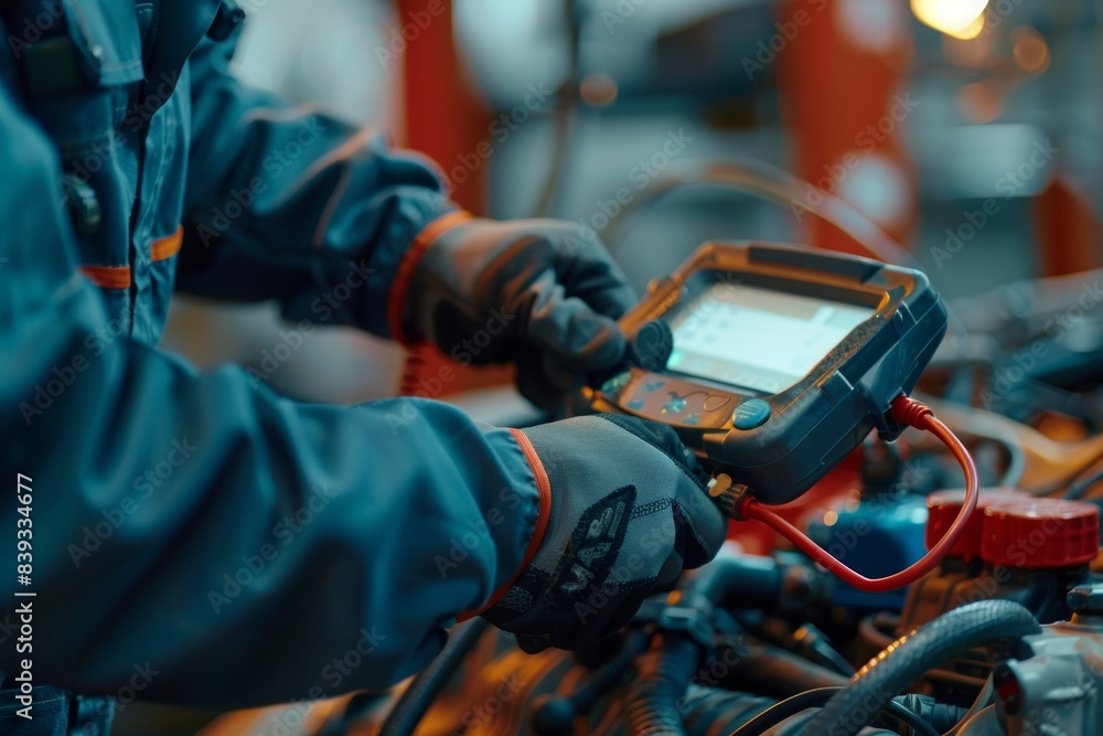 Mechanic Testing Car Battery Health with Digital Tester for Automotive Diagnostics Mechanic Testing Car Battery Health with Digital Tester for Automotive Diagnostics