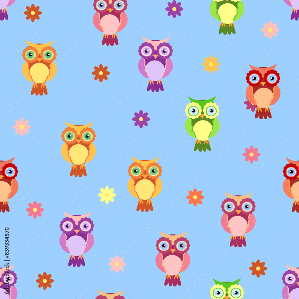 Naklejka premium Seamless colorful owl pattern for children with flowers, clouds, branches
