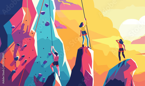 Three people climbing colorful artificial rock walls, suspended ropes, set against vibrant sunset backdrop. Climbers engaged indoor sports climbing activity, showcasing agility, strength modern gym