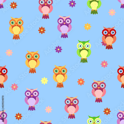 Seamless colorful owl pattern for children with flowers  clouds  branches