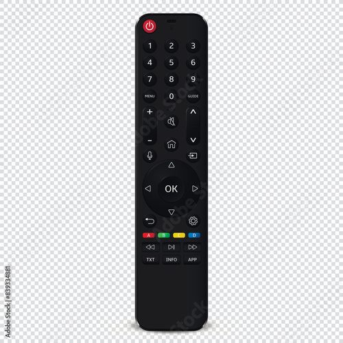 Realistic TV remote control isolated on transparent background