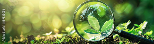 Close-up of a magnifying glass focusing on green leaves in a natural garden, symbolizing environmental and nature exploration, growth, and discovery. photo