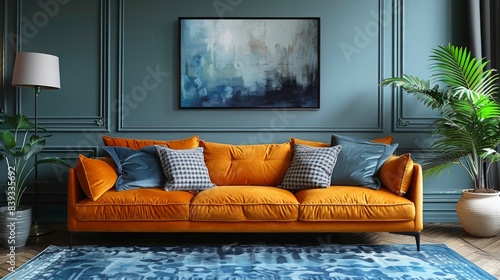 Minimalist aristocratic mansion with a green Barcelona sofa, Chinese ceramic teapots, and Morandi color series cotton and linen striped cloths. 