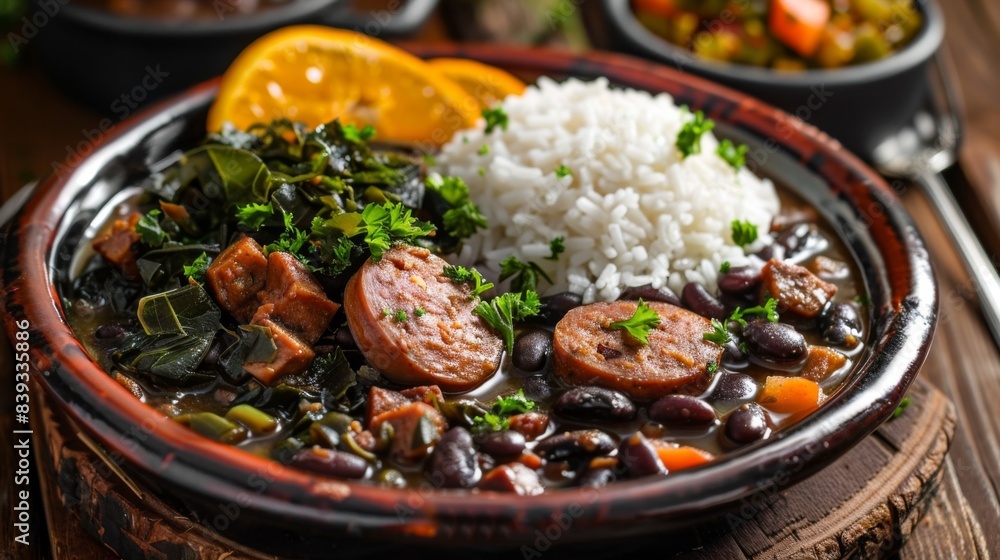 custom made wallpaper toronto digitalA rich and flavorful Brazilian feijoada with black beans, pork, and sausages, served with rice, collard greens, and orange slices
