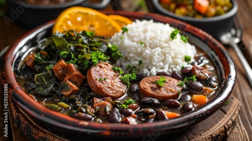 Wallpaper Mural A rich and flavorful Brazilian feijoada with black beans, pork, and sausages, served with rice, collard greens, and orange slices Torontodigital.ca