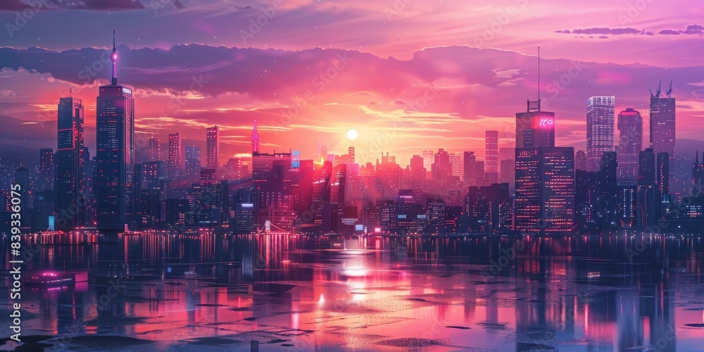 Obraz premium Futuristic cityscape with buildings styled like a sci-fi movie, sunset reflecting in the sky, city glowing with neon lights 