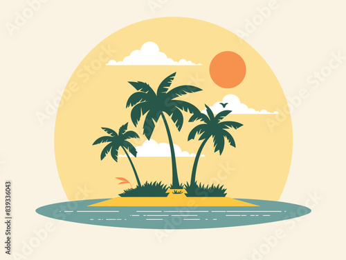 Tropical island sunset, palm trees silhouette, serene ocean. Warm colors, retro style travel poster, minimalistic design, tranquil scene. Sun, sky, clouds, island, vacation backdrop flat graphic