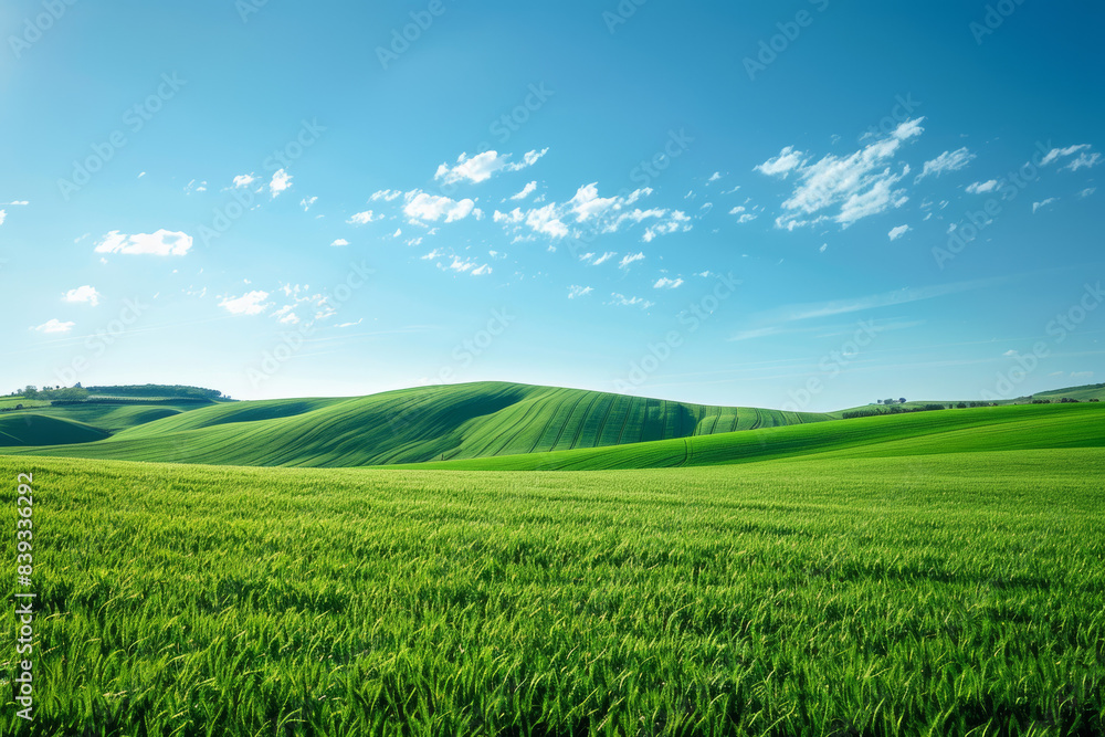 A serene landscape with rolling green hills under a bright blue sky with scattered clouds, capturing the beauty and peace of nature on a sunny day.