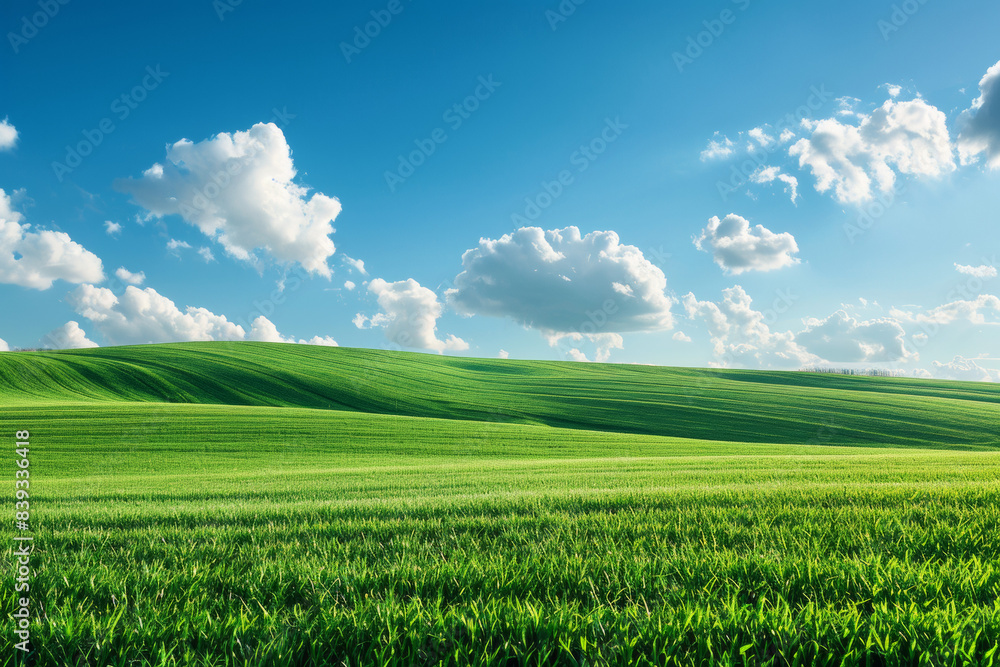Vibrant green fields under a clear blue sky with fluffy white clouds, showcasing the beauty of a perfect sunny day in the countryside. Vibrant green fields under a clear blue sky with fluffy white clouds, showcasing the beauty of a perfect sunny day in the countryside.