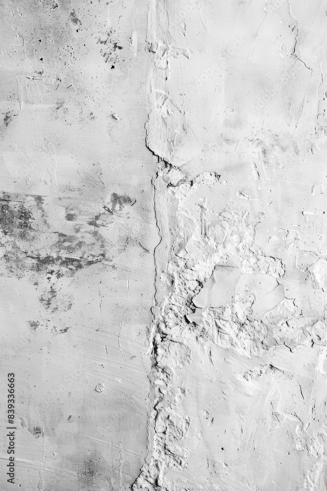 Obraz premium A high-contrast black and white image of a weathered, cracked concrete wall showing texture and age.