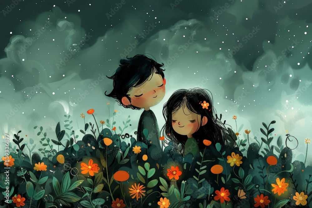 An illustration of two children embracing in a magical field full of flowers under a starry night sky, depicting friendship and innocence An illustration of two children embracing in a magical field full of flowers under a starry night sky, depicting friendship and innocence