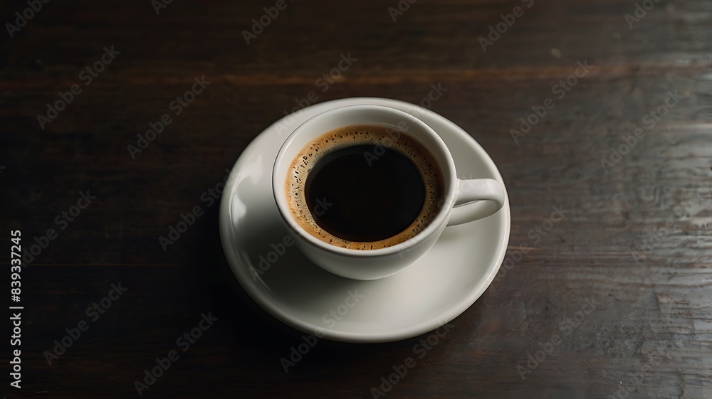 White cup and saucer holding a freshly brewed, strong black espresso with a rich crema on top. White cup and saucer holding a freshly brewed, strong black espresso with a rich crema on top.