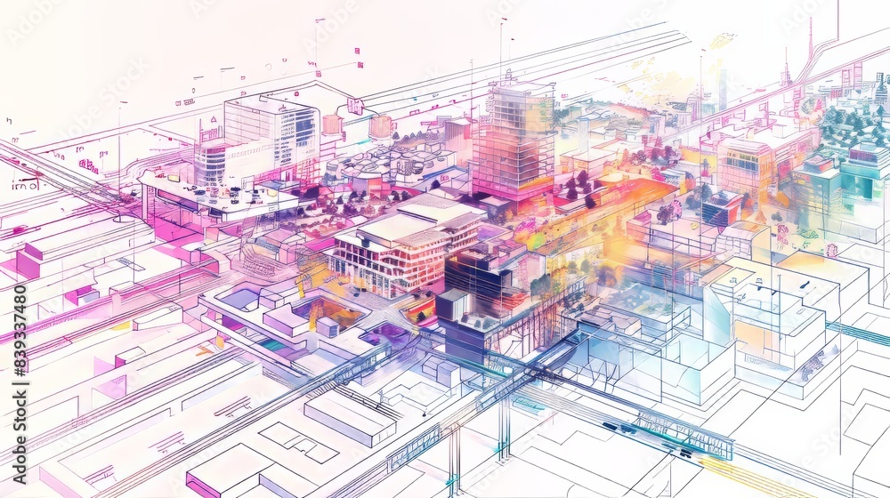 Obraz premium A geometric diagram showing a city's transportation network, with many transparent layers, in the style of luminous landscapes, white background, isometric, city vistas with cartelcore, luminous image