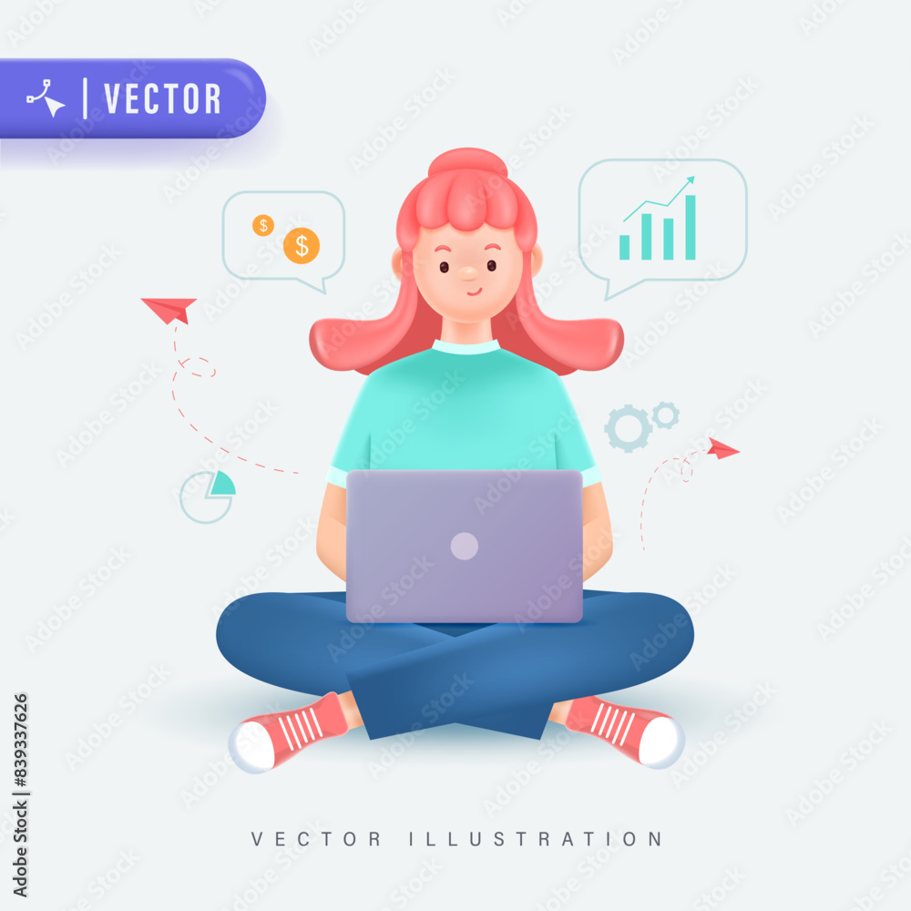 Freelancer Pink Haired Woman Siting with Crossed Her Leg with Laptop. Work From Home Concept. 3D Style Vector Illustration. Freelancer Pink Haired Woman Siting with Crossed Her Leg with Laptop. Work From Home Concept. 3D Style Vector Illustration.