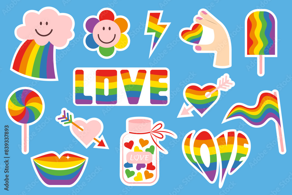 Set of LGBT stickers on blue background with rainbow symbols, gender marks. Symbols of LGBTQ community. Flat retro style illustration. Conceptual symbols of sexual orientation. Set of LGBT stickers on blue background with rainbow symbols, gender marks. Symbols of LGBTQ community. Flat retro style illustration. Conceptual symbols of sexual orientation.